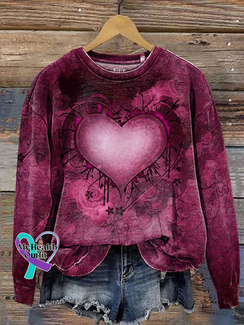 Breast Cancer Awareness Heart Casual Cotton Sweatshirt Multicolor / S