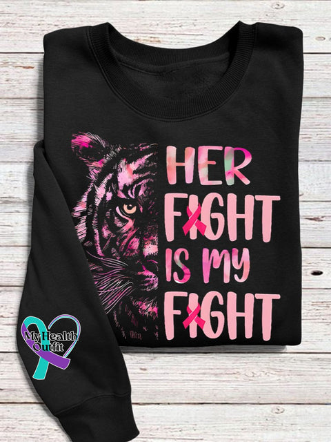 Breast Cancer Awareness Her Fight Is My Pink Tiger Print Casual Sweatshirt Black / S