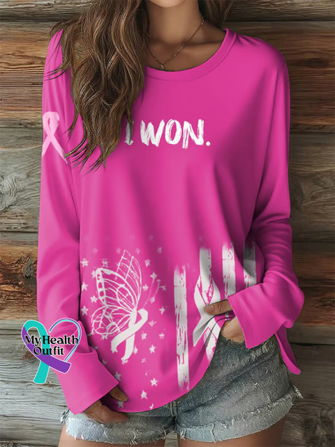 Breast Cancer Awareness I WON Art Print Casual Long Sleeve T-shirt Multicolor / S
