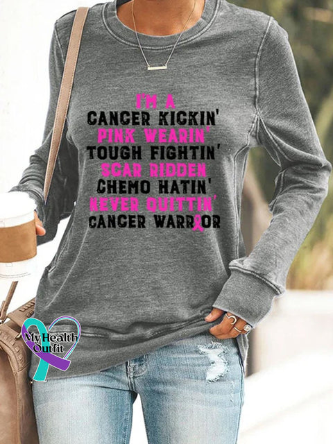 Breast Cancer Awareness I’m A Kickin’ Pink Ribbon Casual Print Sweatshirt Gray / S