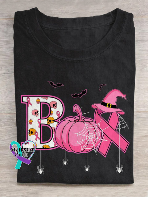 Breast Cancer Awareness In October We Wear Pink Happy Halloween Boo Ribbon T-Shirt Black / S