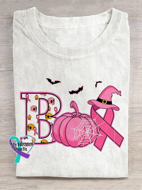 Breast Cancer Awareness In October We Wear Pink Happy Halloween Boo Ribbon T-Shirt White / S