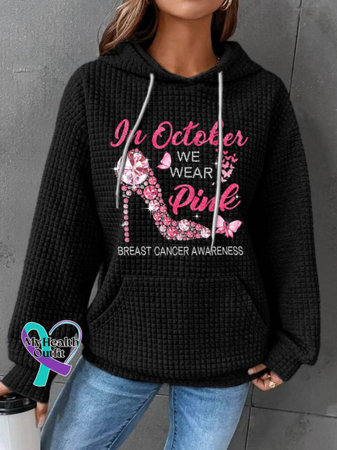 Breast Cancer Awareness In October We Wear Pink Heels Butterfly Print Casual Hoodie Black / S