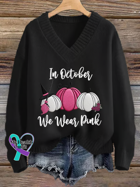 Breast Cancer Awareness In October We Wear Pink Print Knit V-neck Pullover Sweater Black / S