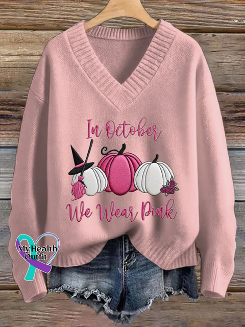 Breast Cancer Awareness In October We Wear Pink Print Knit V-neck Pullover Sweater LightPink / S