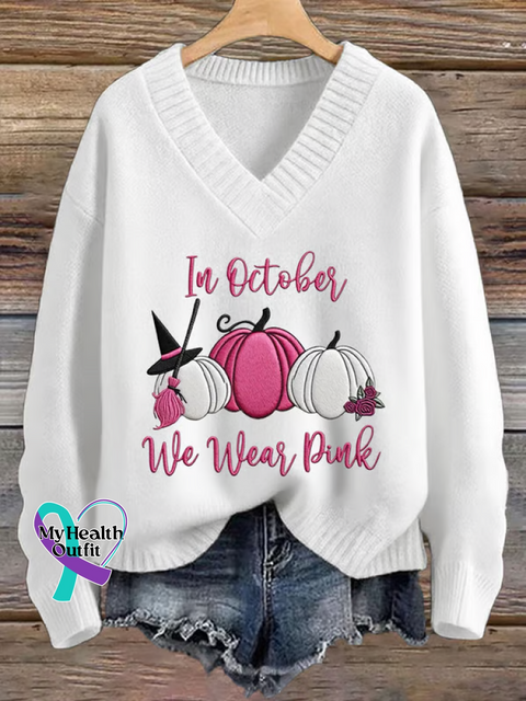 Breast Cancer Awareness In October We Wear Pink Print Knit V-neck Pullover Sweater White / S