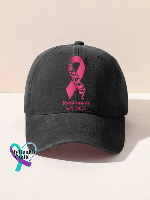 Breast Cancer Awareness Inspirational Pink Ribbon Print Hats Black / Onesize