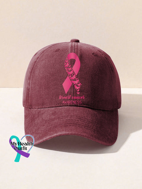 Breast Cancer Awareness Inspirational Pink Ribbon Print Hats Dark Red / Onesize