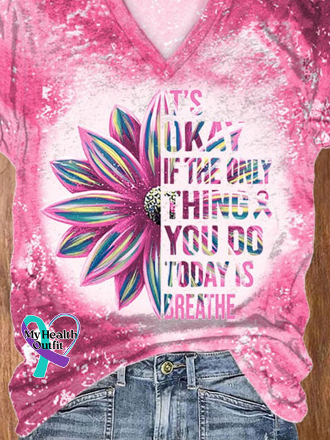 Breast Cancer Awareness It’s Ok Sunflower Inspirational Casual Print T-Shirt