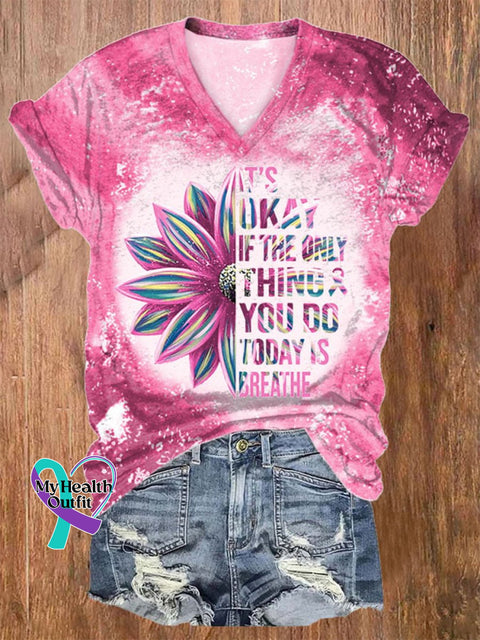 Breast Cancer Awareness It’s Ok Sunflower Inspirational Casual Print T-Shirt Pink / S