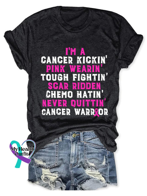 Breast Cancer Awareness Kickin’ Chemo Hatin’ Warrior Print T-Shirt Black / S