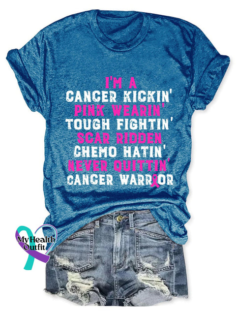 Breast Cancer Awareness Kickin’ Chemo Hatin’ Warrior Print T-Shirt Blue / S