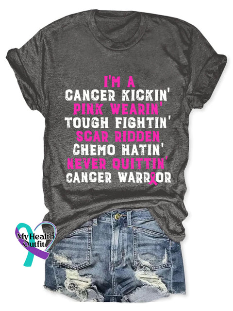 Breast Cancer Awareness Kickin’ Chemo Hatin’ Warrior Print T-Shirt Dark Grey / S