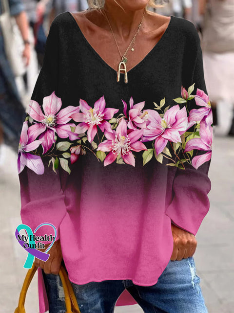 Breast Cancer Awareness Month Art Print V Neck Long Sleeve Top S