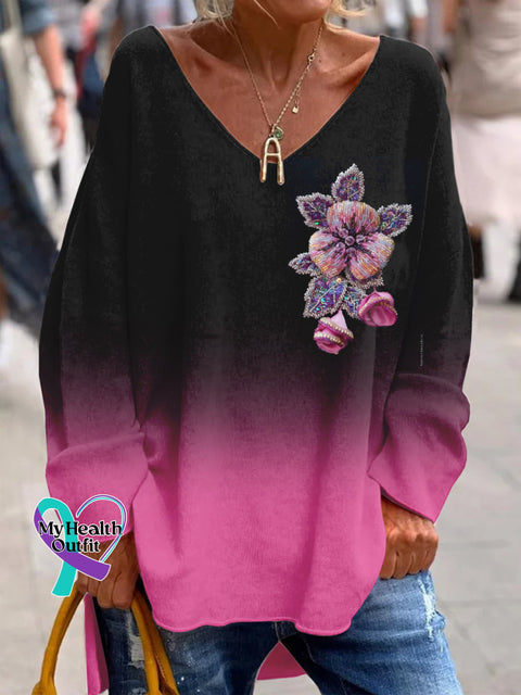 Breast Cancer Awareness Month Art Print V Neck Long Sleeve Top S