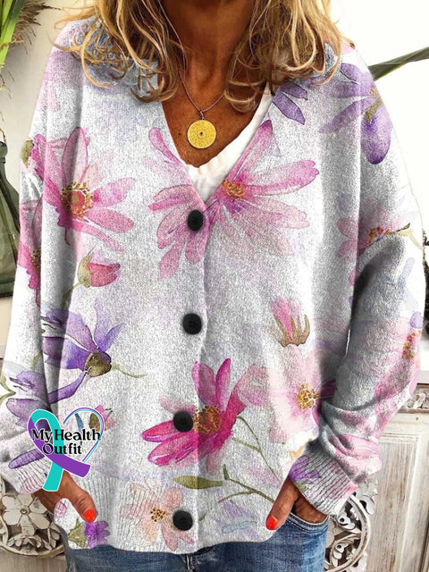 Breast Cancer Awareness Month Pink Print Buttoned V-Neck Cardigan Sweater Multicolor / S