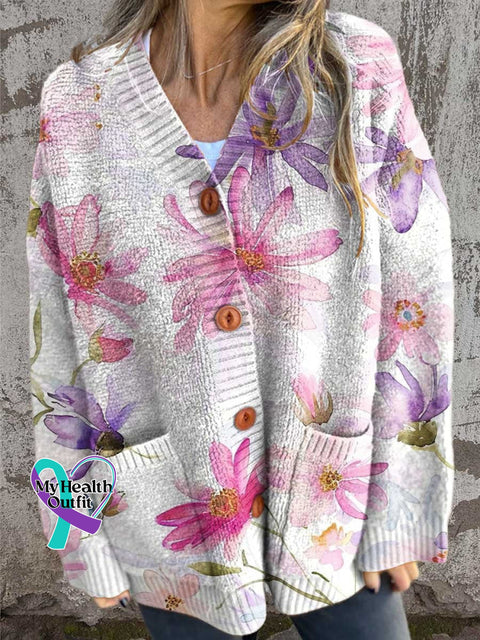 Breast Cancer Awareness Month Pink Print Buttoned Cardigan Sweater Multicolor / S