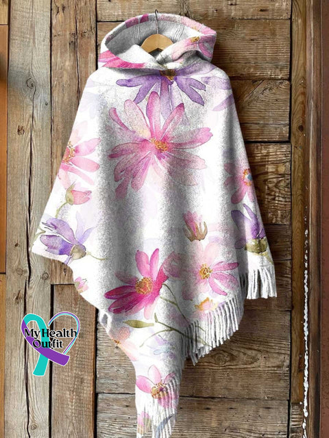 Women’s Breast Cancer Awareness Month Pink Casual Knitted Blanket Poncho Hood Cape Multicolor /