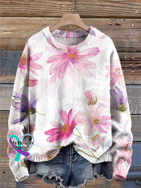 Breast Cancer Awareness Month Pink Print Knit Pullover Sweater Multicolor / S