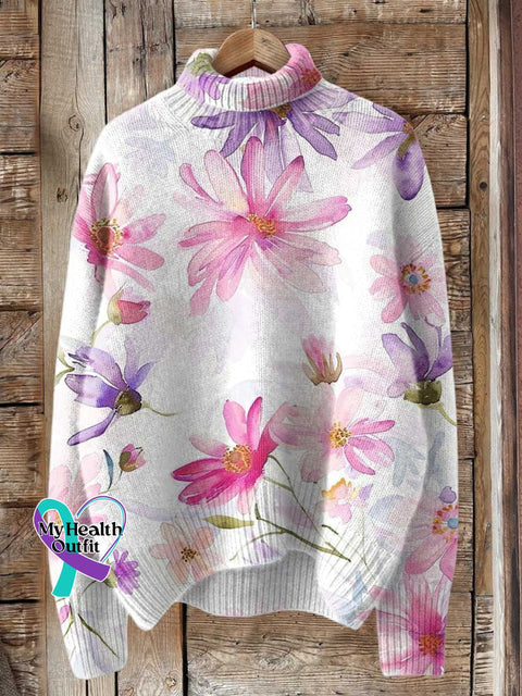 Breast Cancer Awareness Month Pink Print Knit Turtleneck Pullover Sweater Multicolor / S