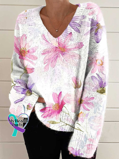 Breast Cancer Awareness Month Pink Casual V-Neck Pullover Knit Multicolor / M