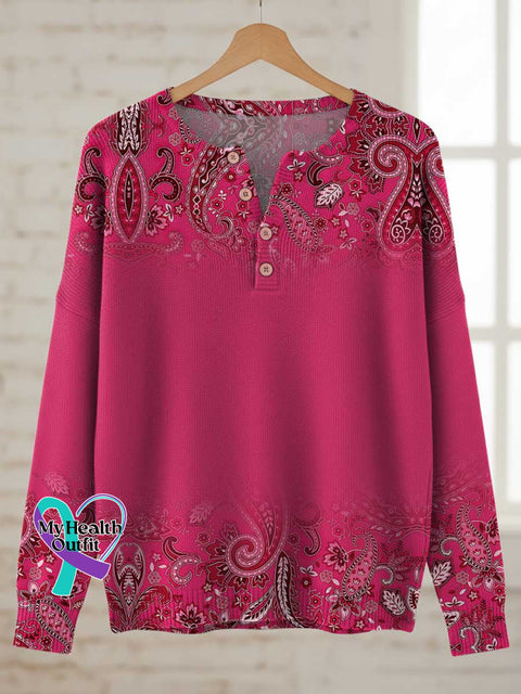 Breast Cancer Awareness Paisley Print Buttoned Cardigan Sweater Multicolor / S