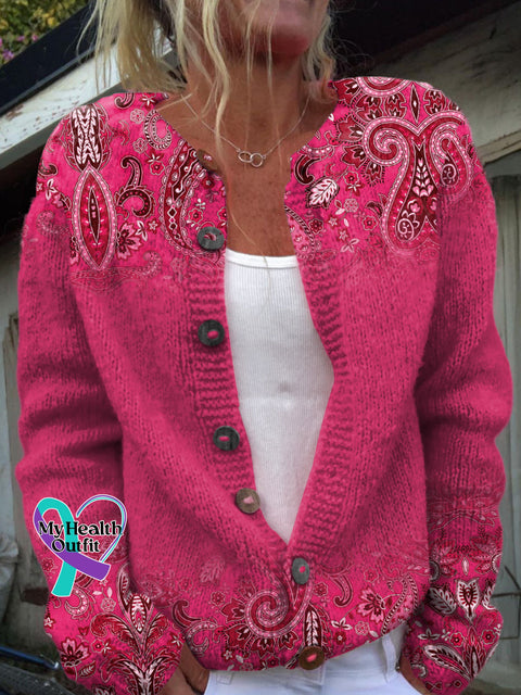 Breast Cancer Awareness Paisley Print Buttoned Cardigan Sweater Multicolor / S