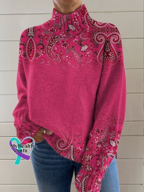 Breast Cancer Awareness Paisley Print Knit Turtleneck Pullover Sweater Multicolor / S