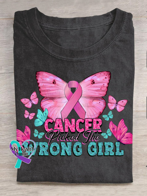 Breast Cancer Awareness Picked The Wrong Girl Print Casual T-Shirt Black / S