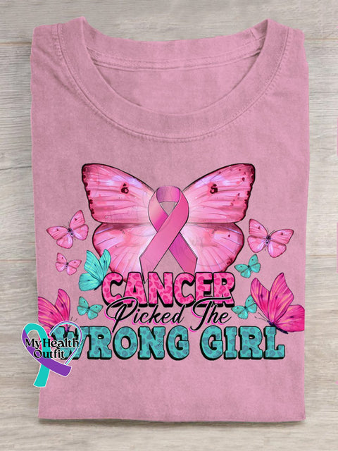 Breast Cancer Awareness Picked The Wrong Girl Print Casual T-Shirt Pink / S