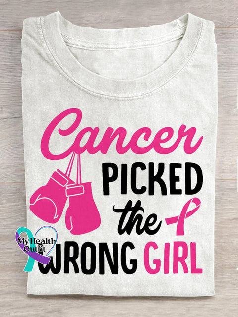 Breast Cancer Awareness Picked The Wrong Girl Print Casual T-Shirt White / S