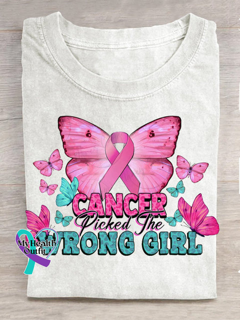Breast Cancer Awareness Picked The Wrong Girl Print Casual T-Shirt White / S