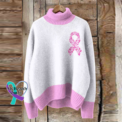 Breast Cancer Awareness Pink Heart Embossed Print Turtleneck Knitted Cozy Pullover Sweater / S