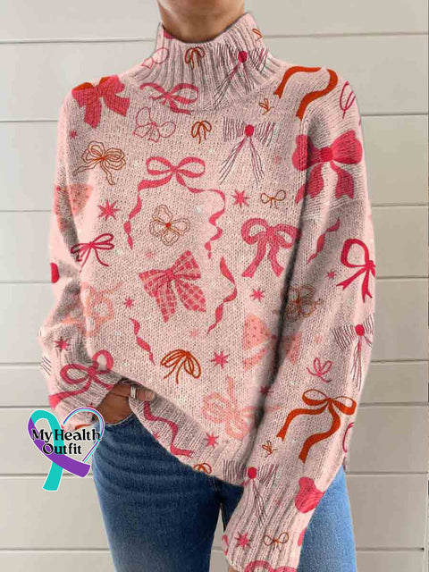 Breast Cancer Awareness Pink Ribbon Art Print Knit Turtleneck Pullover Sweater Multicolor / S
