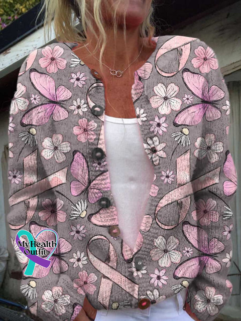 Breast Cancer Awareness Pink Ribbon Floral Print Buttoned Cardigan Sweater Multicolor / S