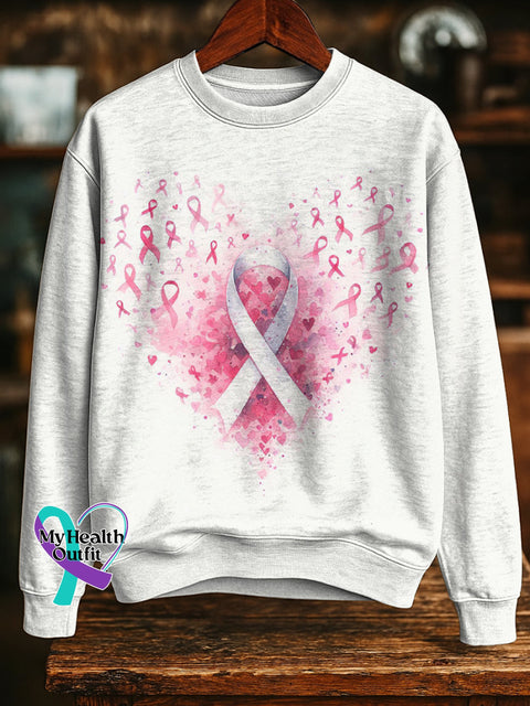 Breast Cancer Awareness Pink Ribbon Heart Casual Cotton Sweatshirt Multicolor / S
