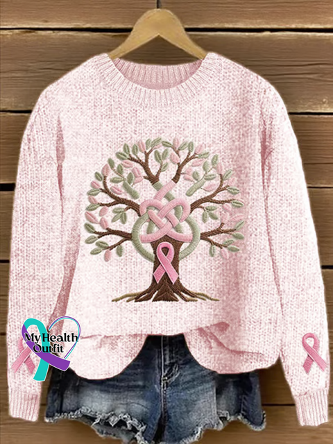 Breast Cancer Awareness Pink Ribbon Print Knit Pullover Sweater Multicolor / S