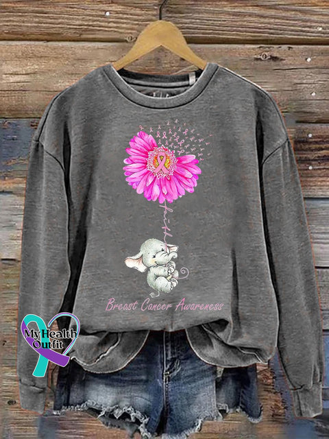 Breast Cancer Awareness Pink Ribbon Print Long Sleeve Sweatshirt Ash / S