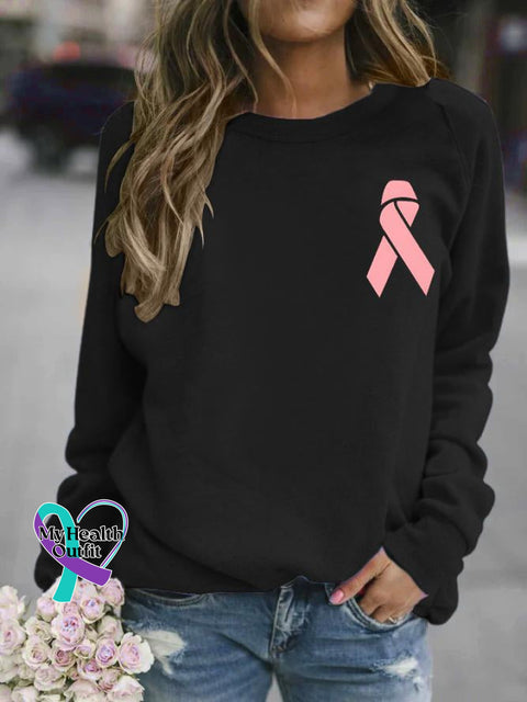 Breast Cancer Awareness Pink Ribbon Print Long Sleeve Sweatshirt Black / S