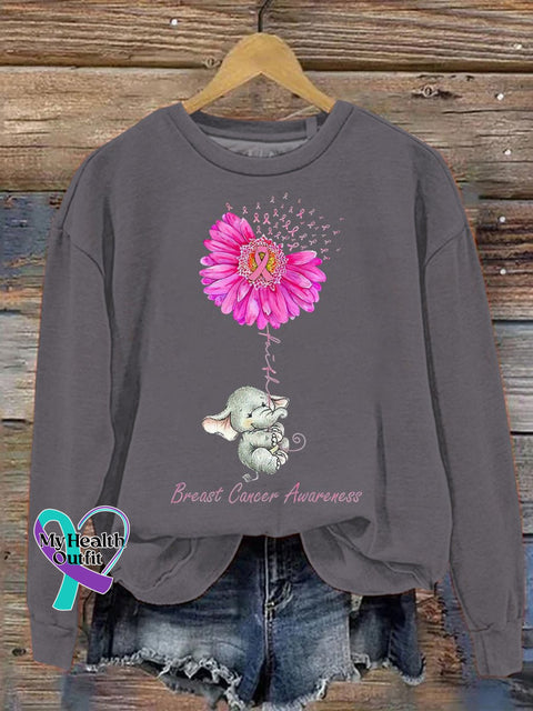 Breast Cancer Awareness Pink Ribbon Print Long Sleeve Sweatshirt Gray / S