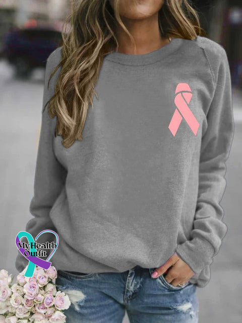 Breast Cancer Awareness Pink Ribbon Print Long Sleeve Sweatshirt Gray / S
