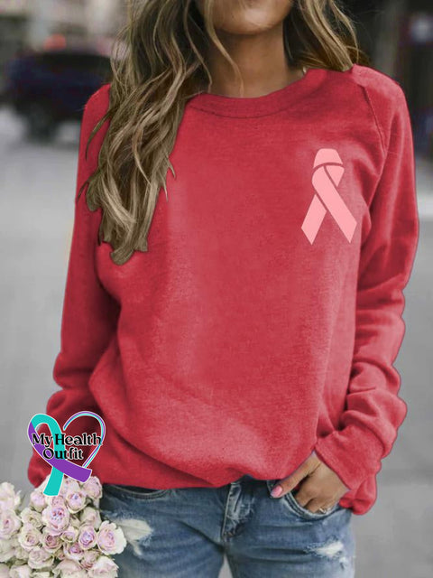 Breast Cancer Awareness Pink Ribbon Print Long Sleeve Sweatshirt Red / S
