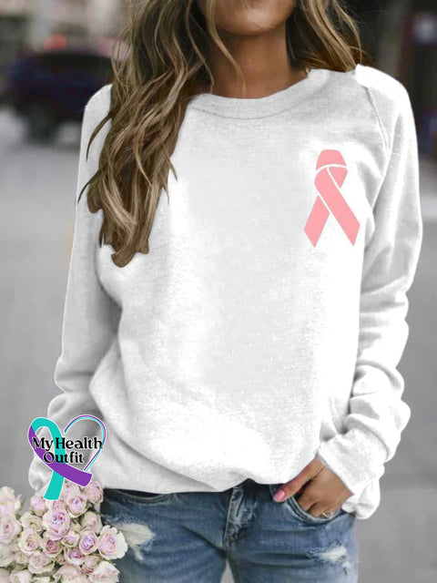 Breast Cancer Awareness Pink Ribbon Print Long Sleeve Sweatshirt White / S