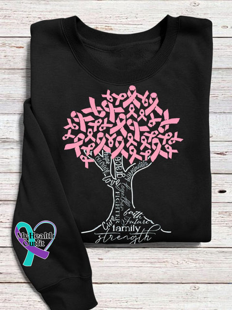 Breast Cancer Awareness Pink Ribbon Tree Print Casual Sweatshirt Black / S