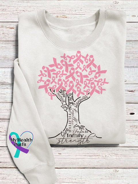 Breast Cancer Awareness Pink Ribbon Tree Print Casual Sweatshirt White / S