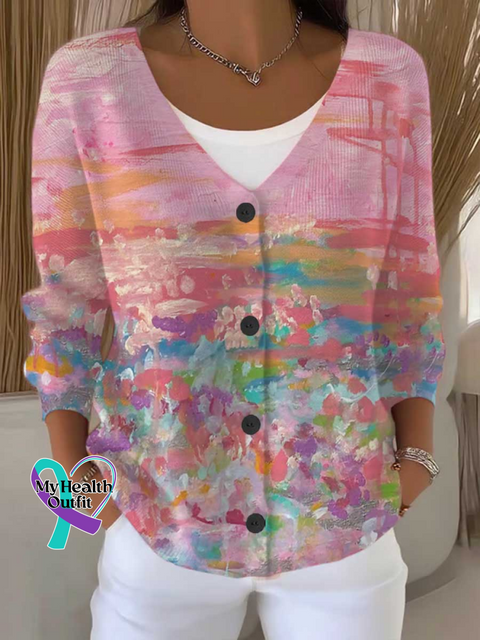Breast Cancer Awareness Print Buttoned V-neck Cardigan Sweater LightPink / S