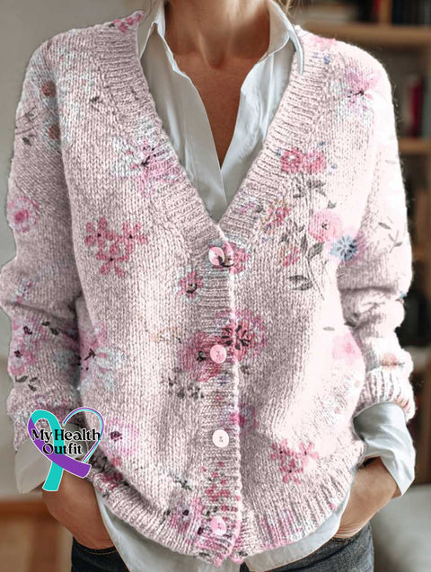 Breast Cancer Awareness Print Buttoned V-neck Cardigan Sweater Multicolor / S