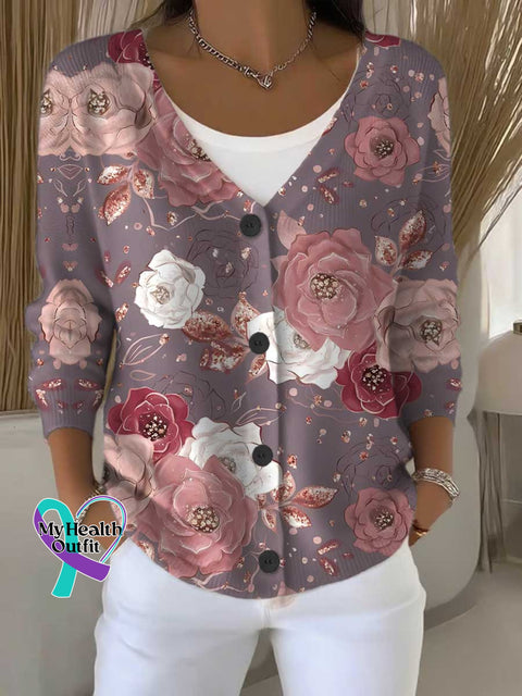 Breast Cancer Awareness Print Buttoned V-neck Cardigan Sweater Multicolor / S