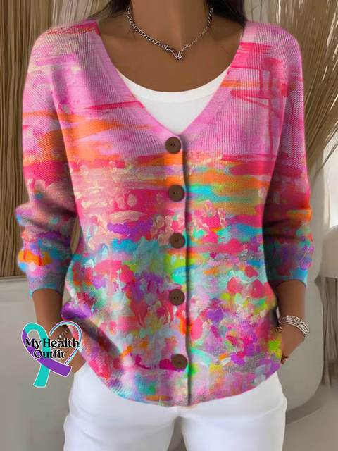 Breast Cancer Awareness Print Buttoned V-neck Cardigan Sweater Pink / S
