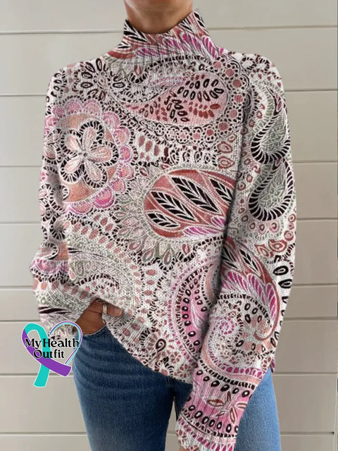 Breast Cancer Awareness Print Knit Turtleneck Pullover Sweater Multicolor / 5XL